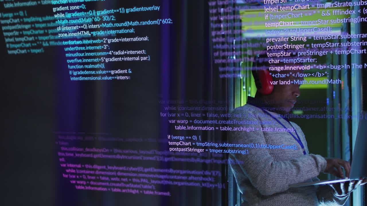 Animation of data processing over african american male engineer with laptop working at server room