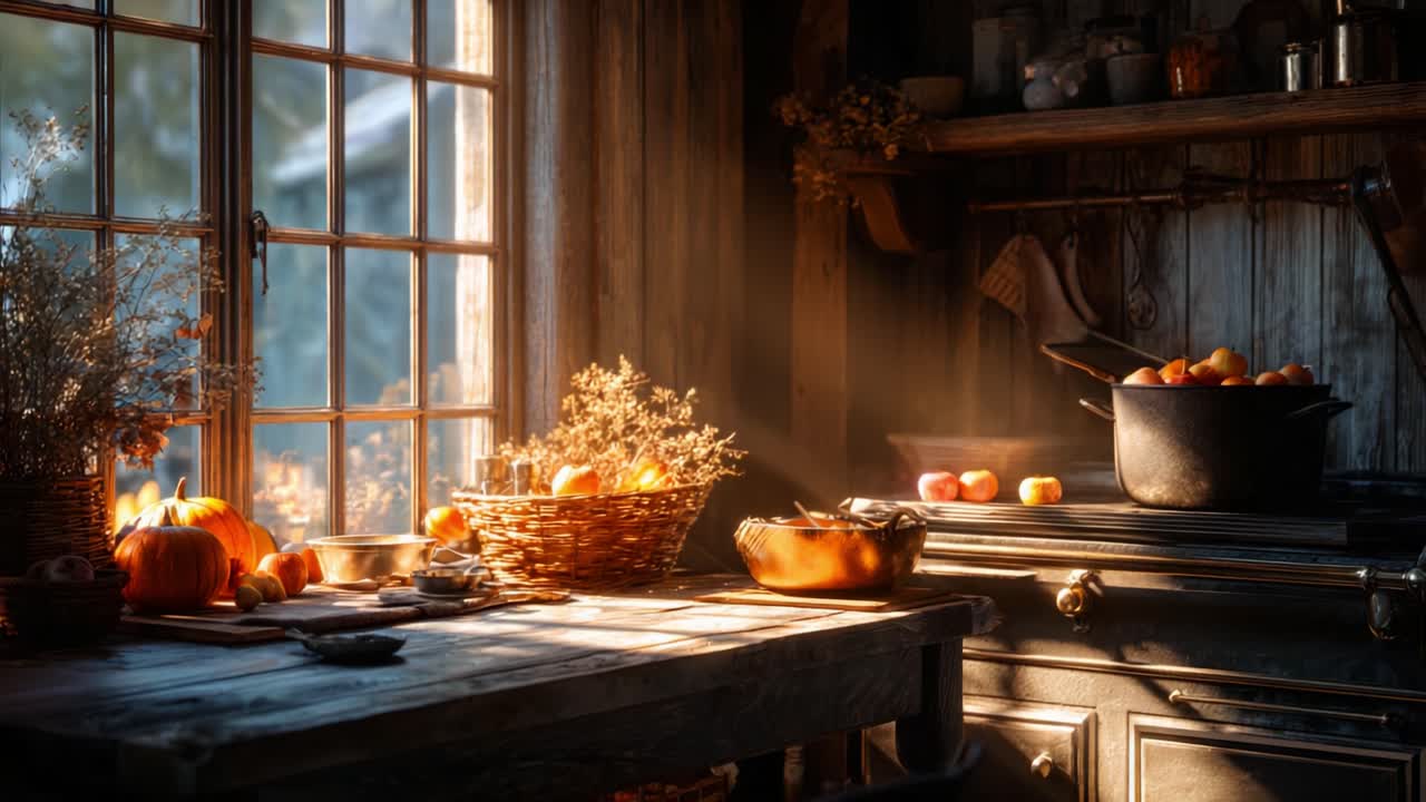 A Cozy Rustic Kitchen Bathed in Warm Light: An Inviting Scene of Autumn Produce, Including Apples and Pumpkins, Perfectly Arranged for a Homely Culinary Experience