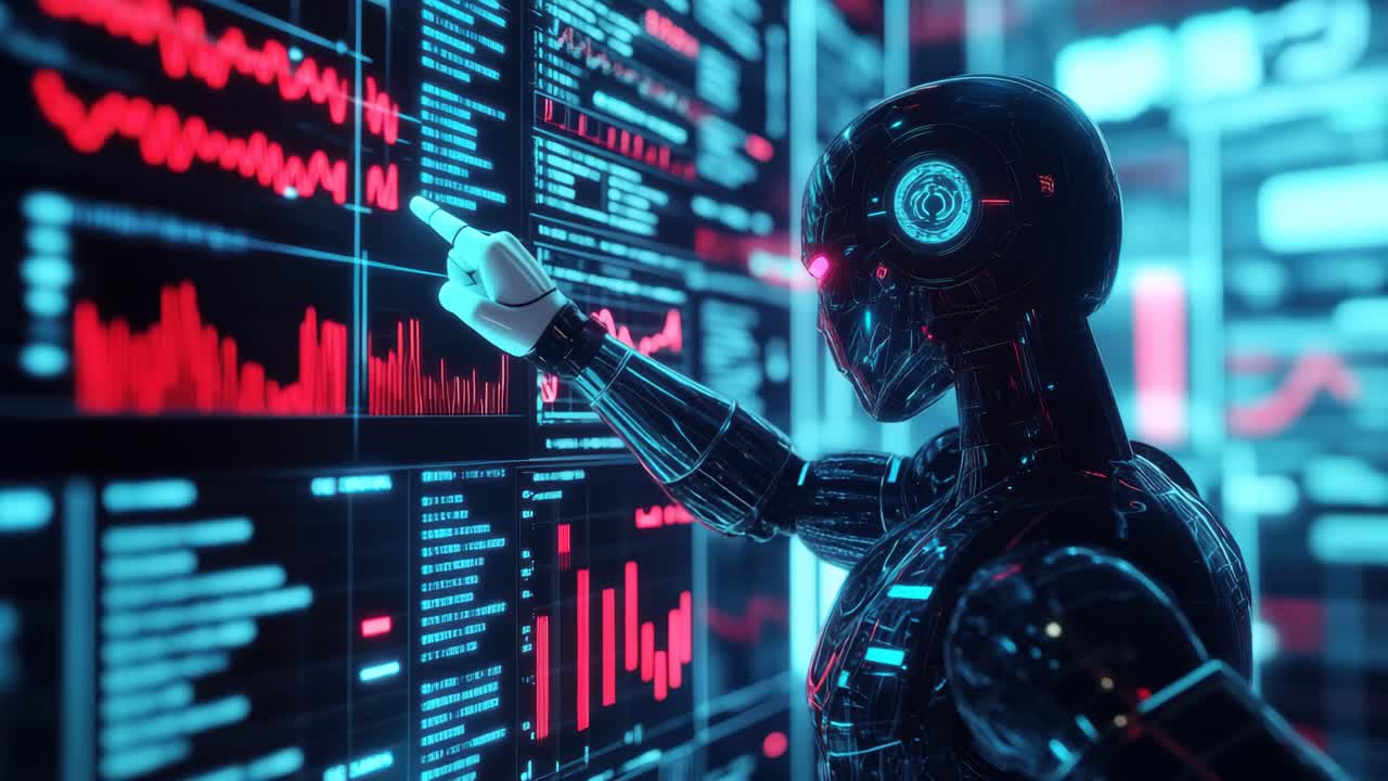 Futuristic video concept with a side angle of a humanoid robot analyzing digital data screens