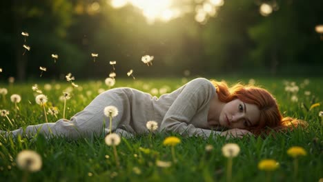 a serene moment in nature: a young woman lying in a field of dandelions as the sun sets, capturing a peaceful and dreamy atmosphere
