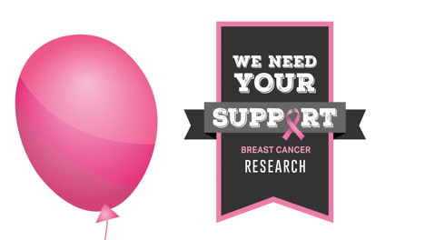 animación de un globo rosa volando sobre el logotipo de la cinta rosa y el texto del cáncer de mama