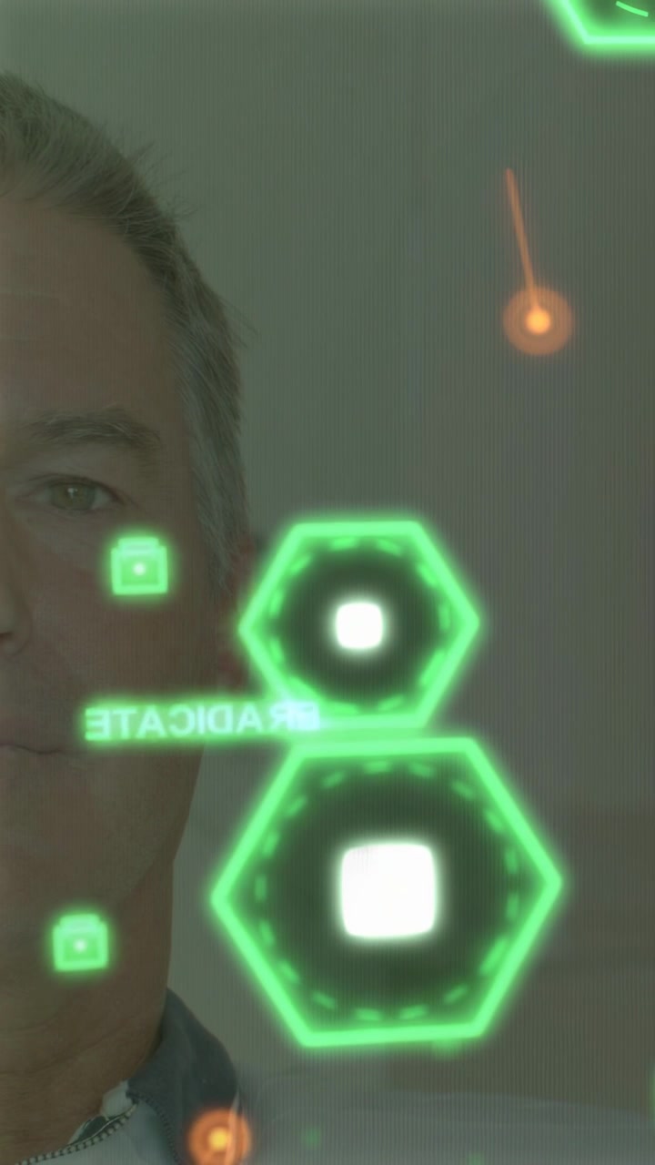 Vertical video: Man standing HUD showing hexes pulsing squares moving near face beam passing for UX