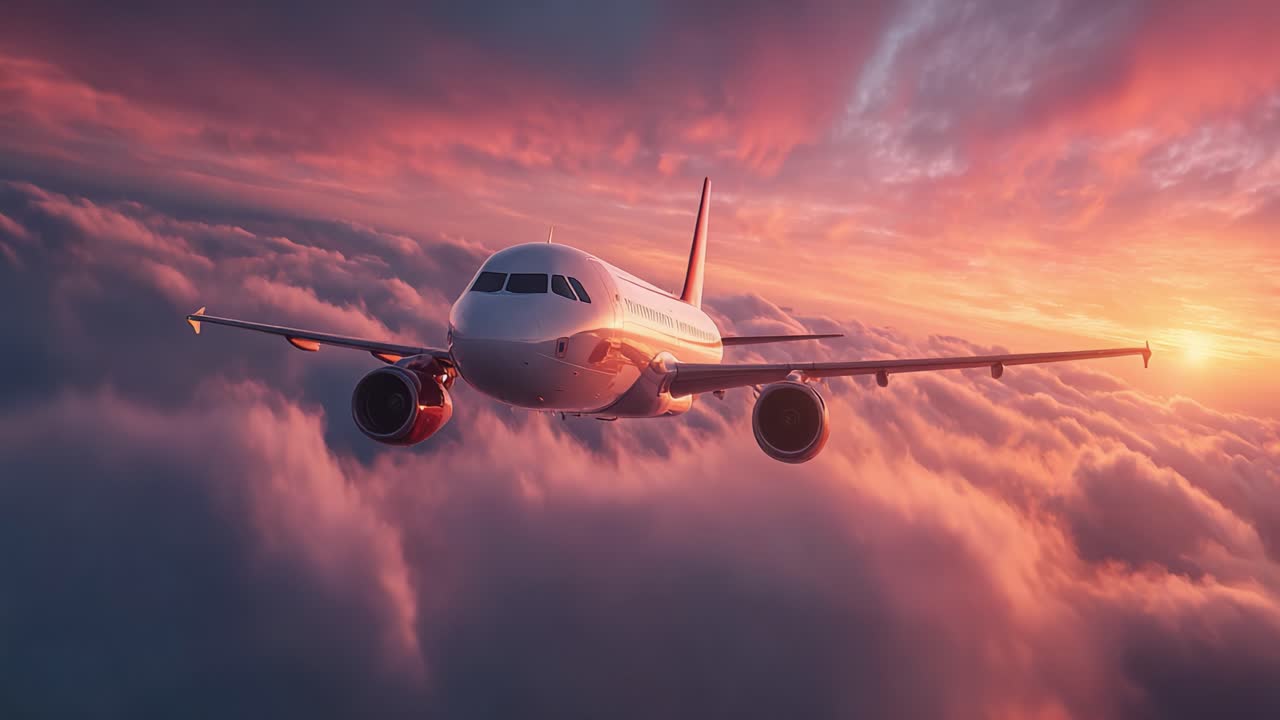 Majestic Airborne Journey: An Aerial View of an Airplane at Sunset, Soaring Above Vibrant Clouds, Capturing the Essence of Travel and Adventure