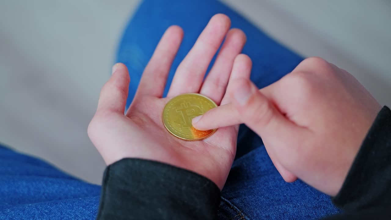 Slow motion shot of child holding real Bitcoin coin – symbol of modern finance