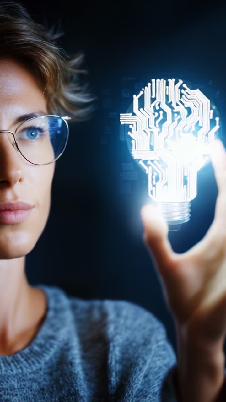 Innovativ tenker med en futuristisk lyspære som viser kretsmønstre og AI-konsepter, som holder en lys idé i et mørkt miljø