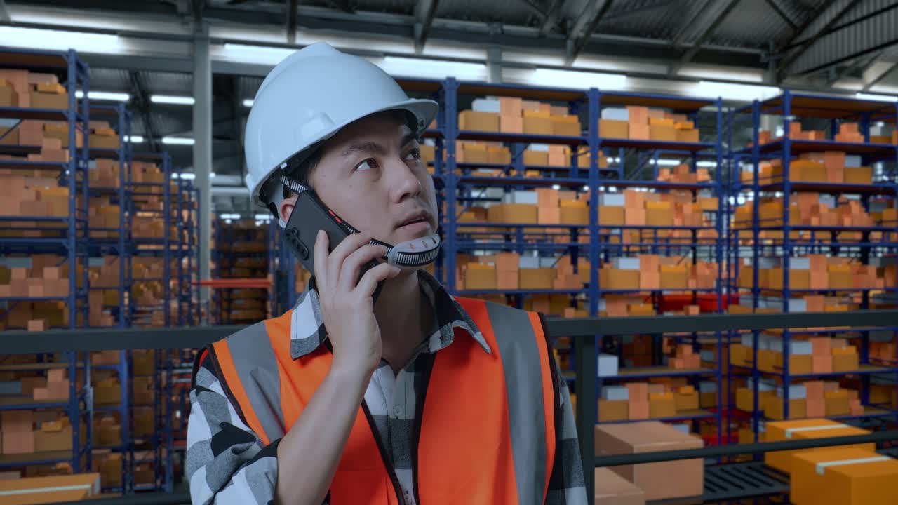 Close Up Of Asian Male Engineer With Safety Helmet Standing In The Warehouse With Shelves Full Of Delivery Goods. Talking On Smartphone And Looking Around The Storage