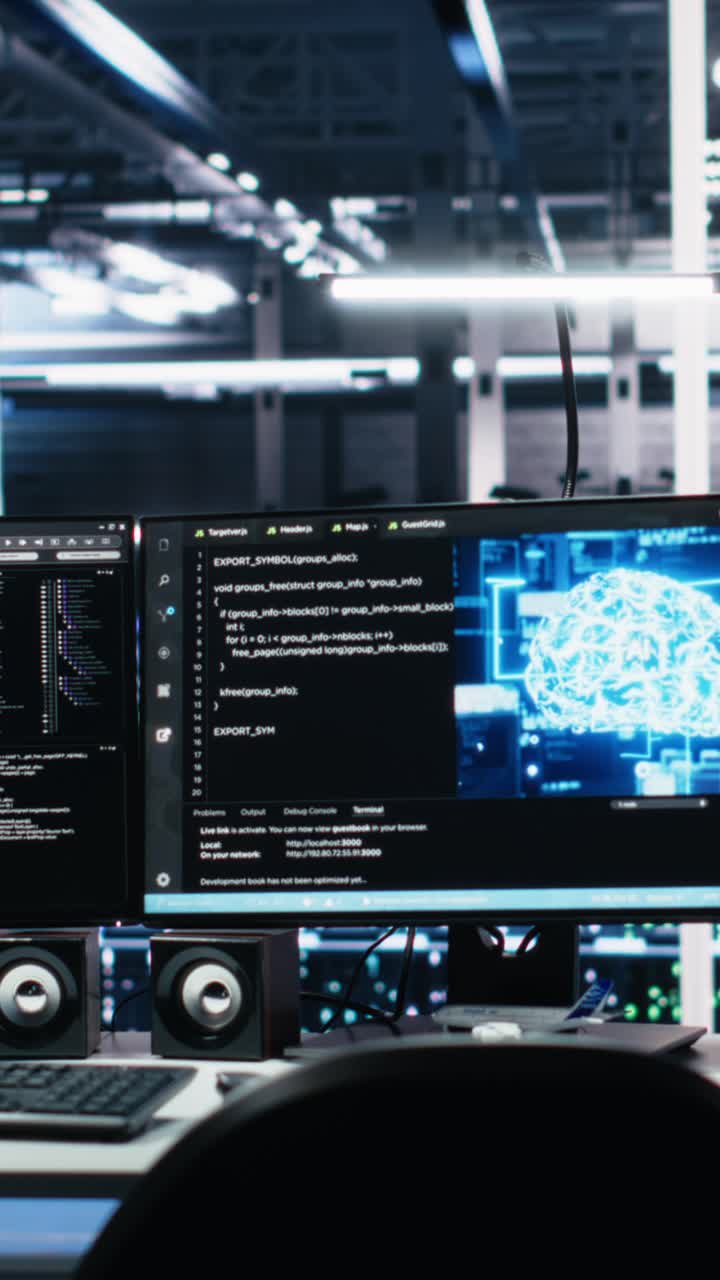 Vertical video AI development workstations in data center displaying machine learning code