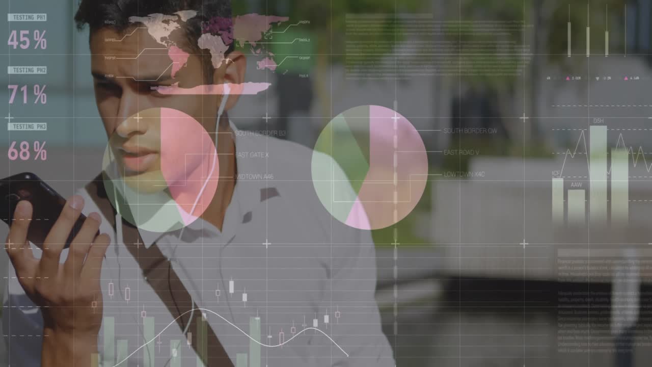 Animation of statistical data processing over biracial man talking on smartphone on the street