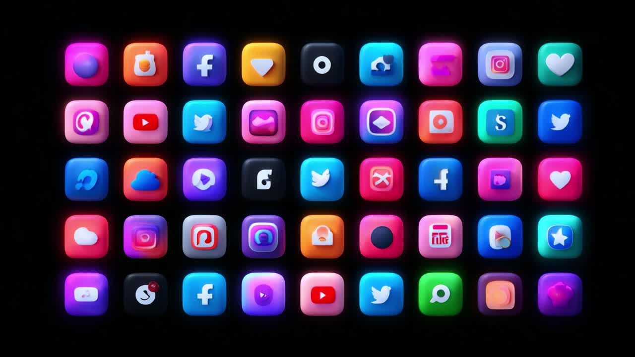 A captivating display of vibrant and colorful application icons arranged in a grid pattern, showcasing a diverse range of social media, streaming, and communication platforms in an engaging digital format