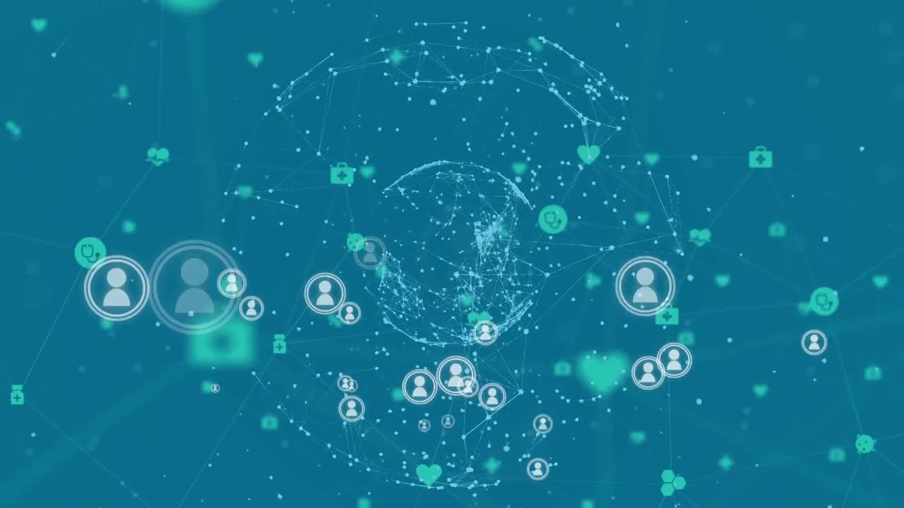 파란색 배경에 대한 연결 네트워크의 여러 프로필 아이콘과 글로브의 애니메이션