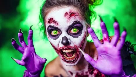 una mujer vestida de zombie con guantes púrpuras y ojos verdes