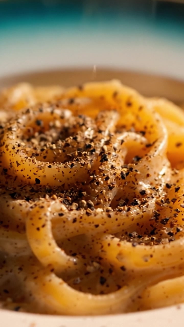 Delizioso piatto di pasta cremosa guarnito con pepe nero, servito in primo piano, che mette in mostra la consistenza fine e la ricchezza della salsa e degli ingredienti.
