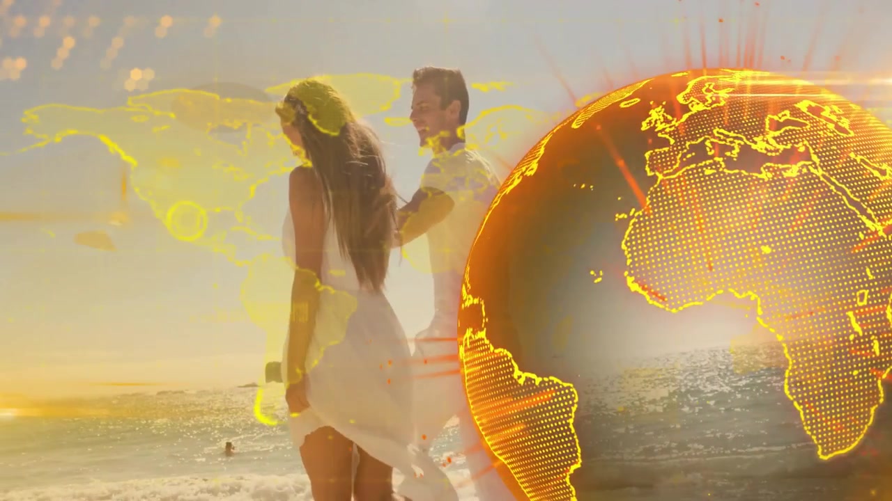 Mapa mundial de puntos amarillos deslizándose sobre una pareja caminando por la playa y formando un globo terráqueo brillante para tecnología de viajes.