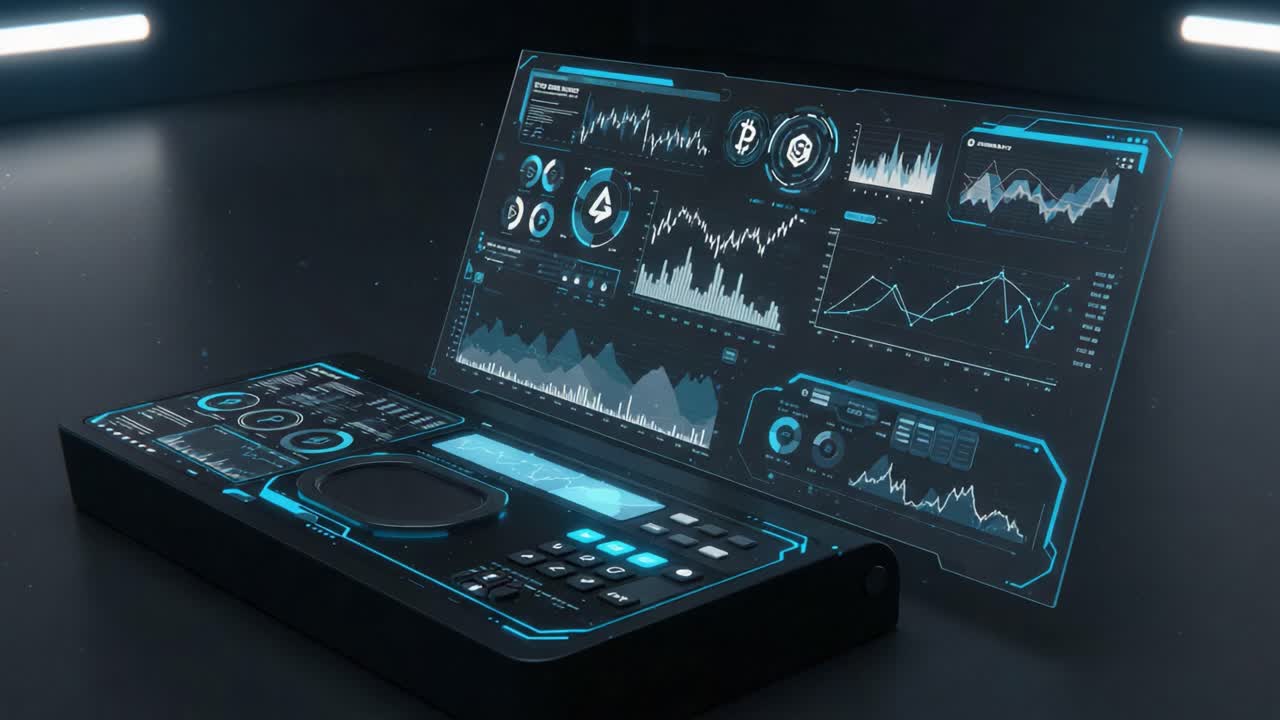 Futuristic Data Dashboard Displaying Advanced Financial Analytics and Cryptocurrency Trends with Interactive Controls and Digital Graphs