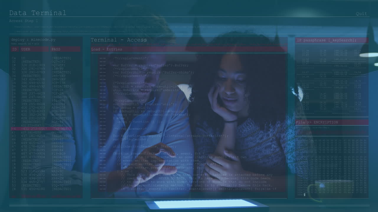Animation of data processing over diverse business people using tablet