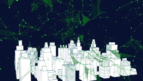 animation of digital city over network of connections on black background