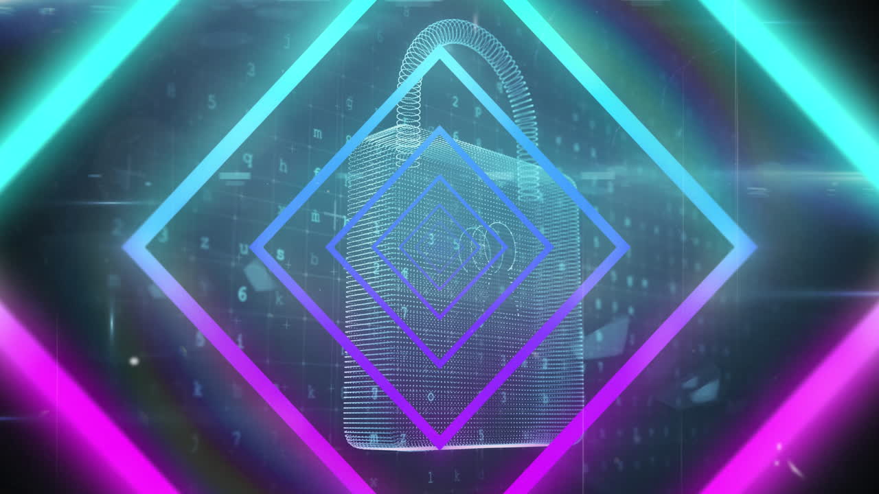 보안 잠금 위에 파란색과 분홍색 네온 기하학적 모양의 애니메이션