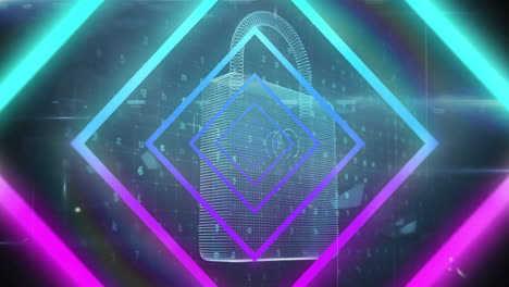 animación de formas geométricas de neón azul y rosa sobre el candado de seguridad