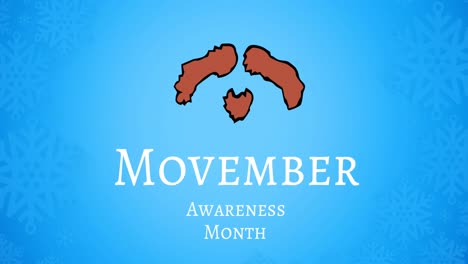 animation of movember awareness month text and moustache over blue background