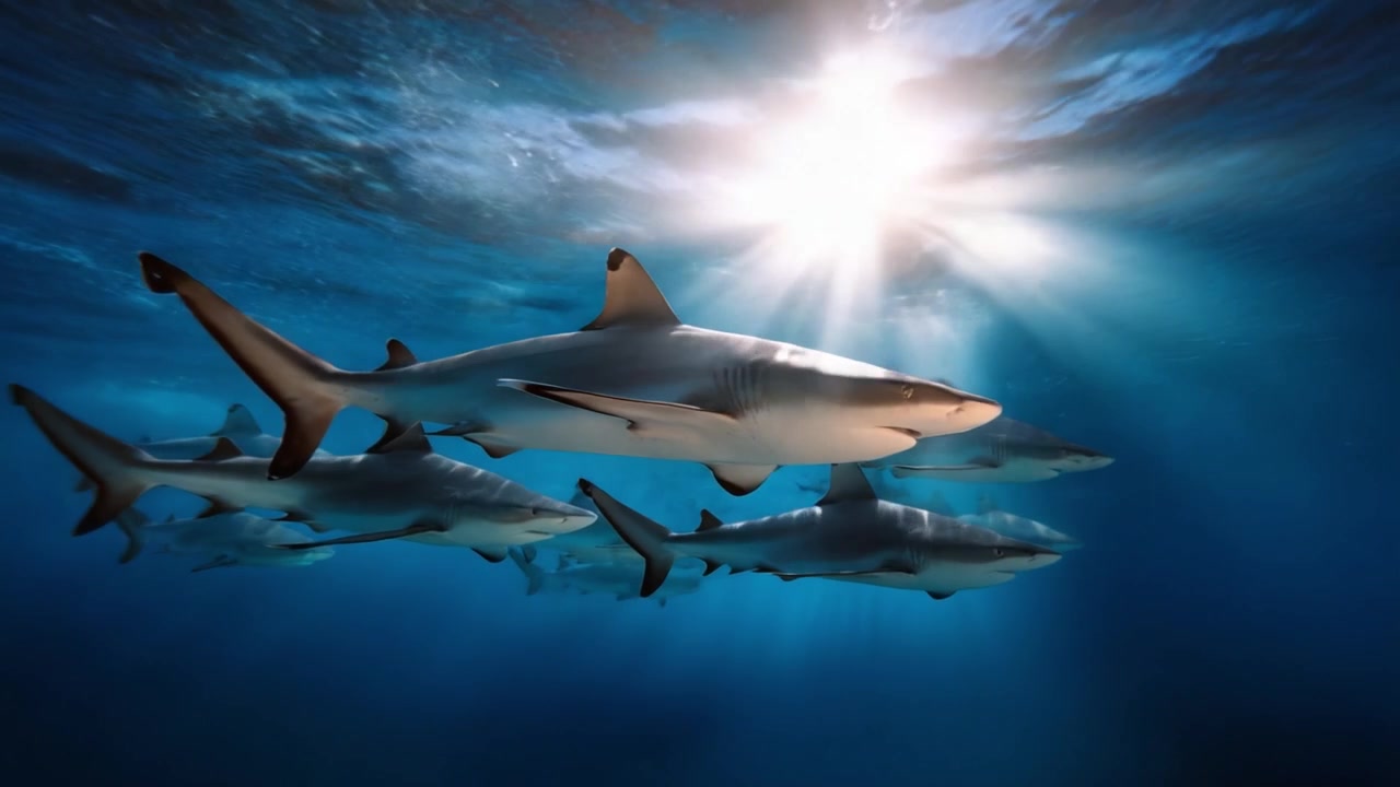 A captivating underwater scene featuring majestic sharks swimming gracefully beneath shimmering sunlight filtering through the ocean's surface, creating a serene atmosphere.