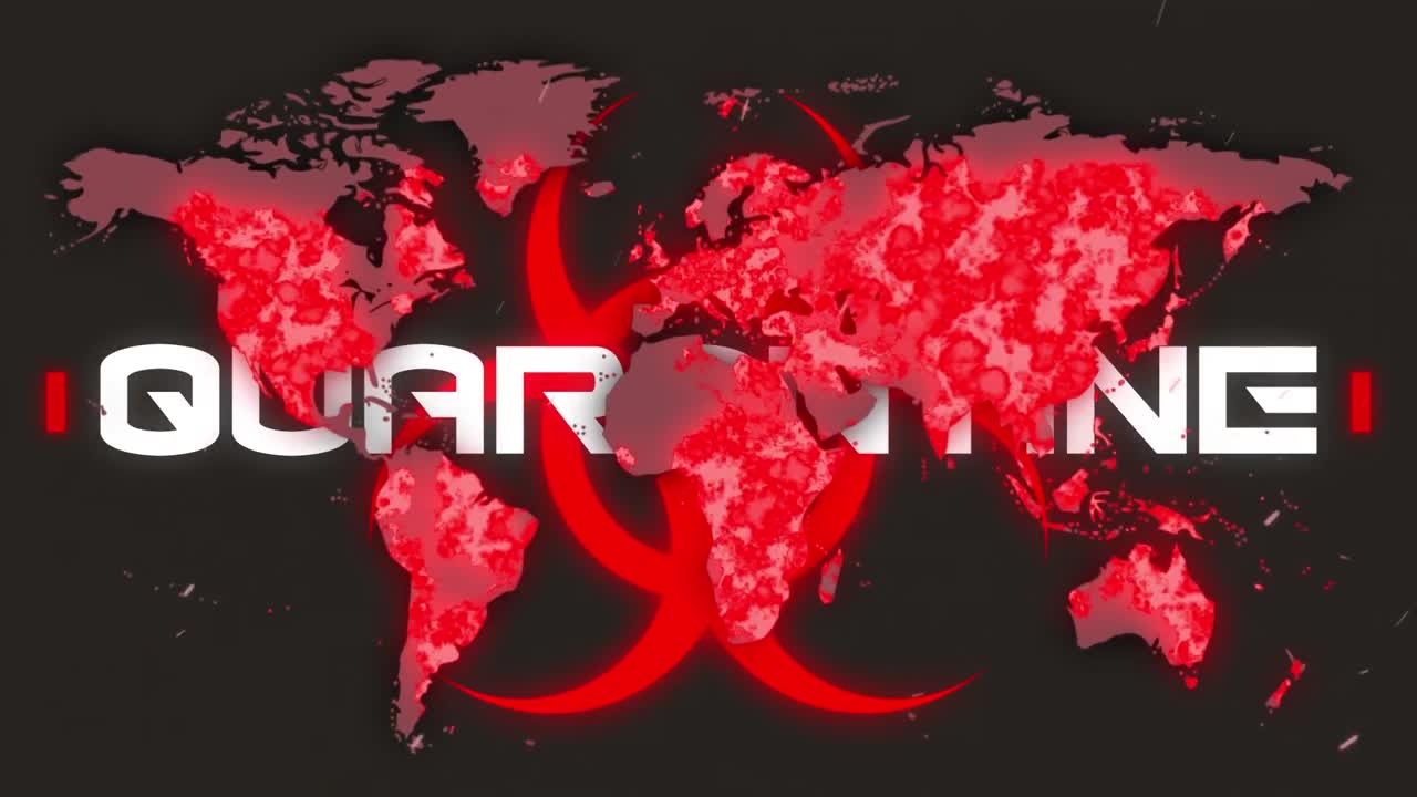 세계 지도 위에 코로나 19 텍스트와 생물 위험 상징의 애니메이션