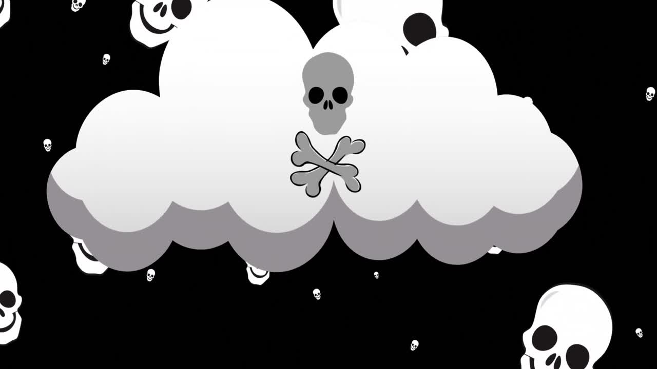 검은 바탕에 두개골과  ⁇ 가 있는 두개골과 구름이 떨어지는 애니메이션