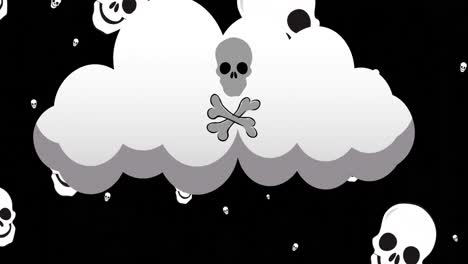 animación de cráneos cayendo y nube con cráneo y huesos en fondo negro