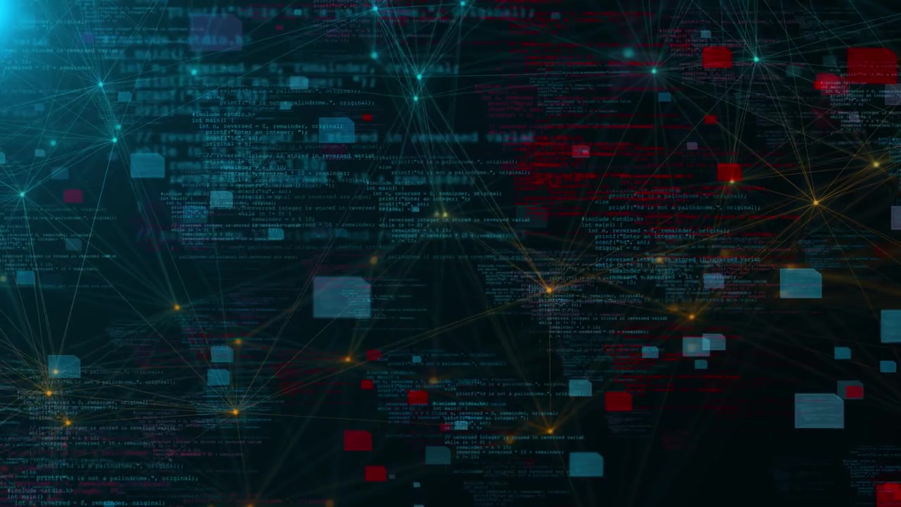 Programming network data visual with floating code layers colored blocks and connected digital nodes