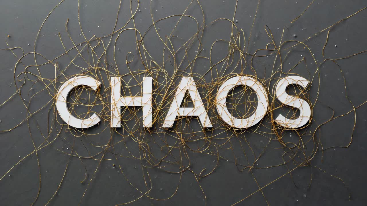 Loose golden filaments shifting, settling across CHAOS letters on dark panel, forming tangle