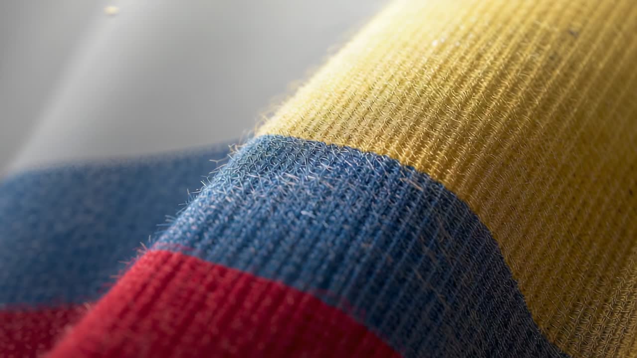 La telecamera si sposta rivelando una maglia a coste in studio, con strisce tricolore che entrano nell'inquadratura per mostrare la texture.