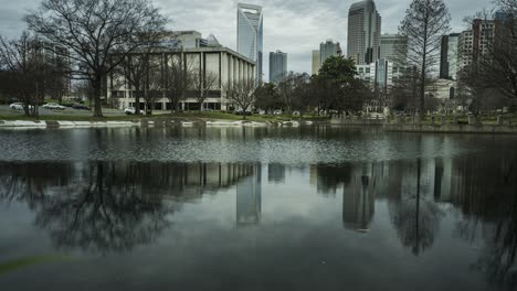 a pan up view of the skyline from marshall park in charlotte, usa