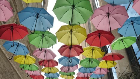 paseo relajante y romántico bajo la sombra de coloridas sombrillas en la calle jerusalén