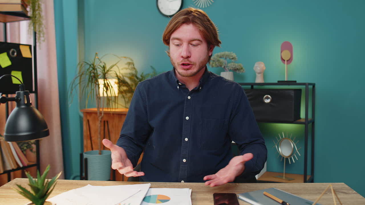 Conflict quarrel negotiation angry mad businessman engaged in webcam online video at home office