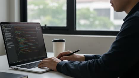 a focused programmer writing code on a laptop in a bright workspace: the perfect blend of technology and creativity in action