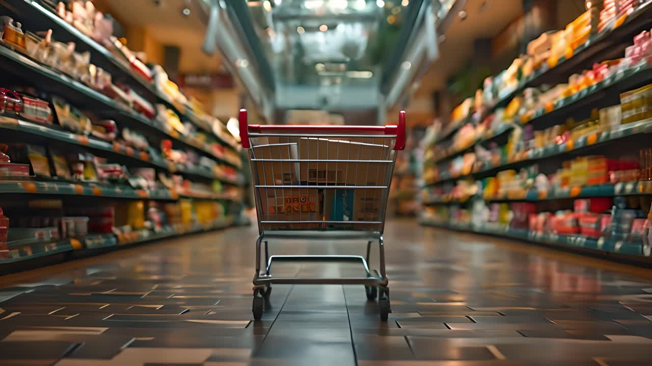 Shopping Cart in a Supermarket Aisle