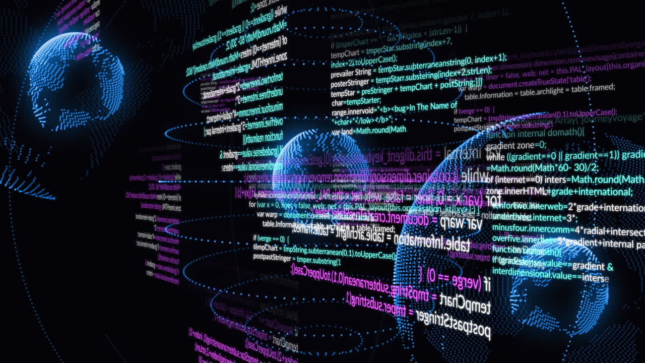 Animation of data processing and light trails spinning over three globe icons on black background