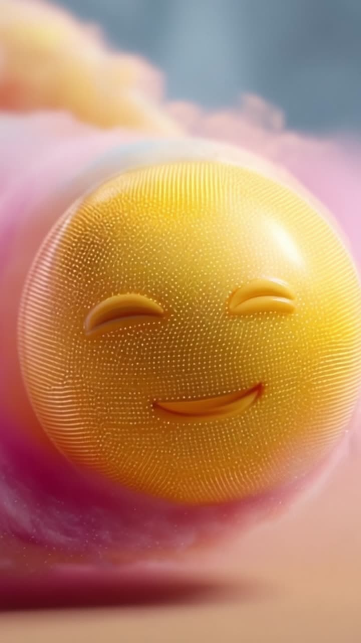 Bagliore accattivante di un volto allegro: uno smiley giallo brillante abbracciato da soffice peluria rosa stravagante, che irradia gioia e calore in un'immagine giocosa.