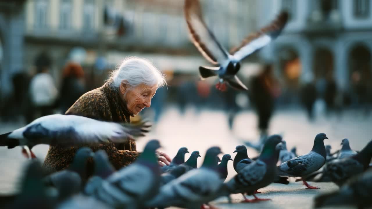 An elderly woman interacts tenderly with a group of pigeons in a bustling urban square, showcasing the beauty of connection between humans and animals in a lively setting