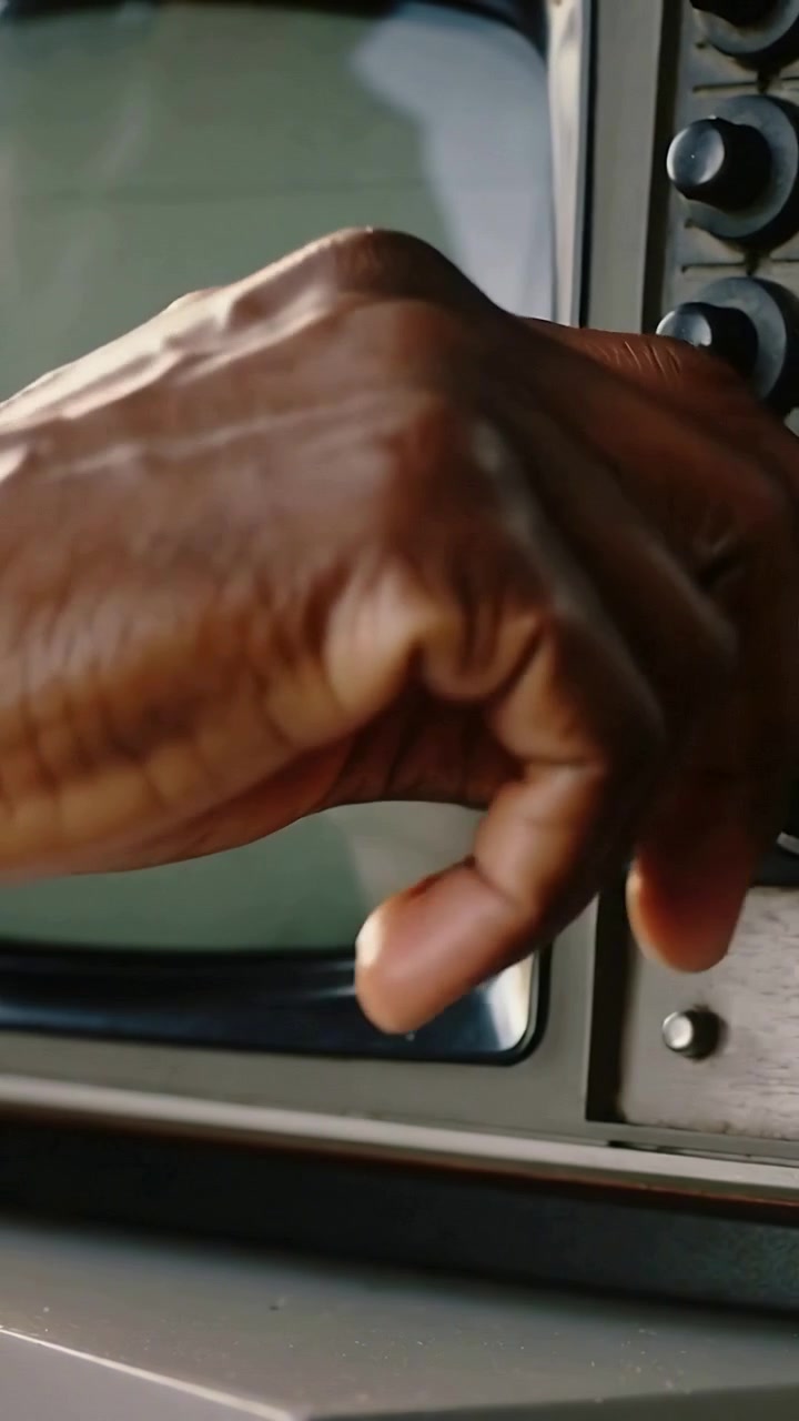 Vertical video: Reaching dark-skinned hand turning large knob at small dash, tuning CRT display
