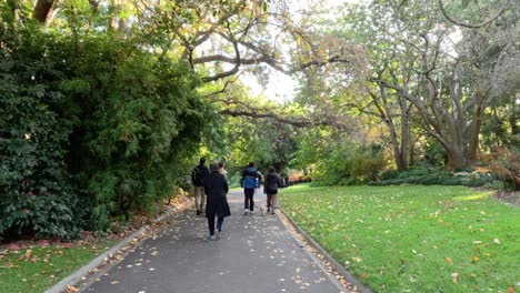 people walking through lush autumn gardens