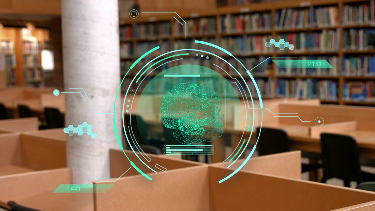 Teal HUD appearing over study carrels, animating rings, forming brain cloud for education visuals