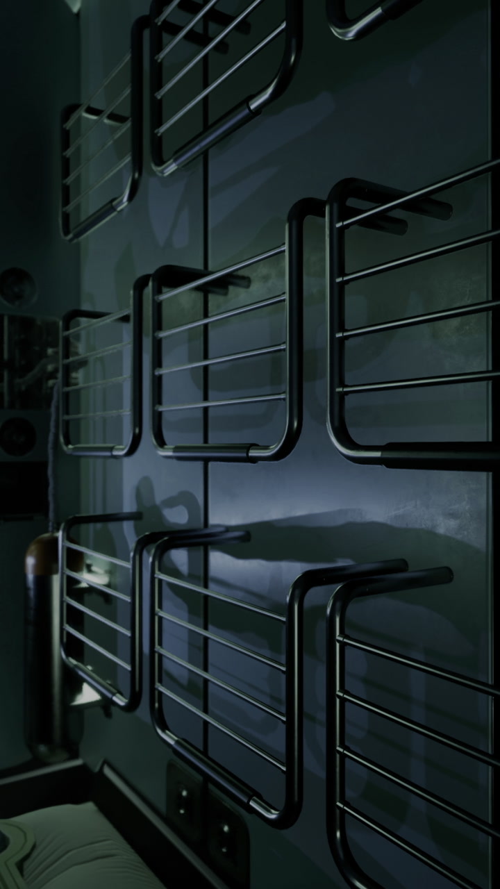Interior view of a futuristic spacecraft sleeping quarters in low light