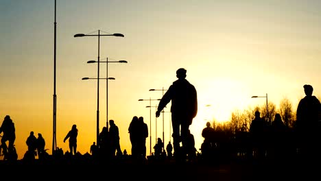 silhouettes of young guys skating on skateboards, on bicycles, rollerblades in a park at sunset
