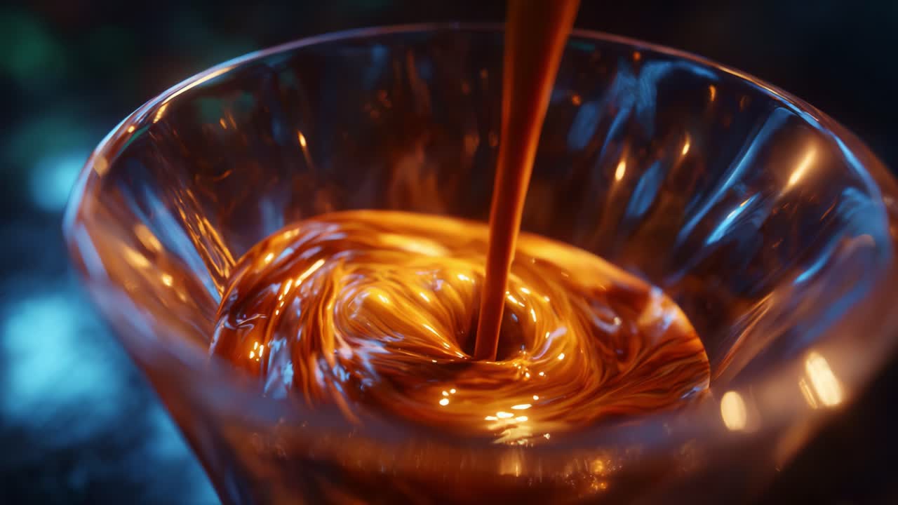 Um vislumbre de chocolate cremoso: visuais cativantes de chocolate rico e fluido sendo derramado em um copo transparente com cores deslumbrantes e textura excepcionalmente bem exibida