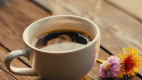steaming aromatic coffee resting in white ceramic cup on rustic wooden surface, accompanied by vibrant colorful flowers creating cozy morning atmosphere