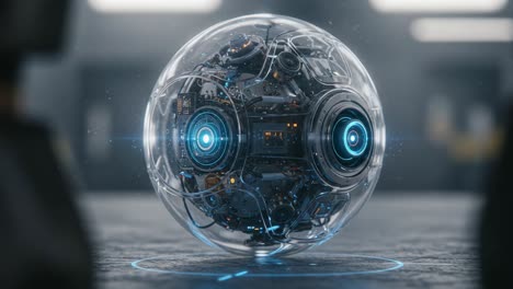 a high-tech autonomous sphere with intricate circuitry and advanced sensors, displaying futuristic design and illuminated details in a modern laboratory environment