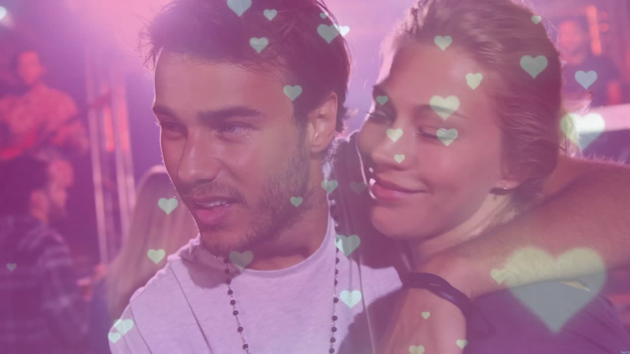 Woman draping arm, initiating closeness, man glancing, leaning amid music lights, hearts overlaying