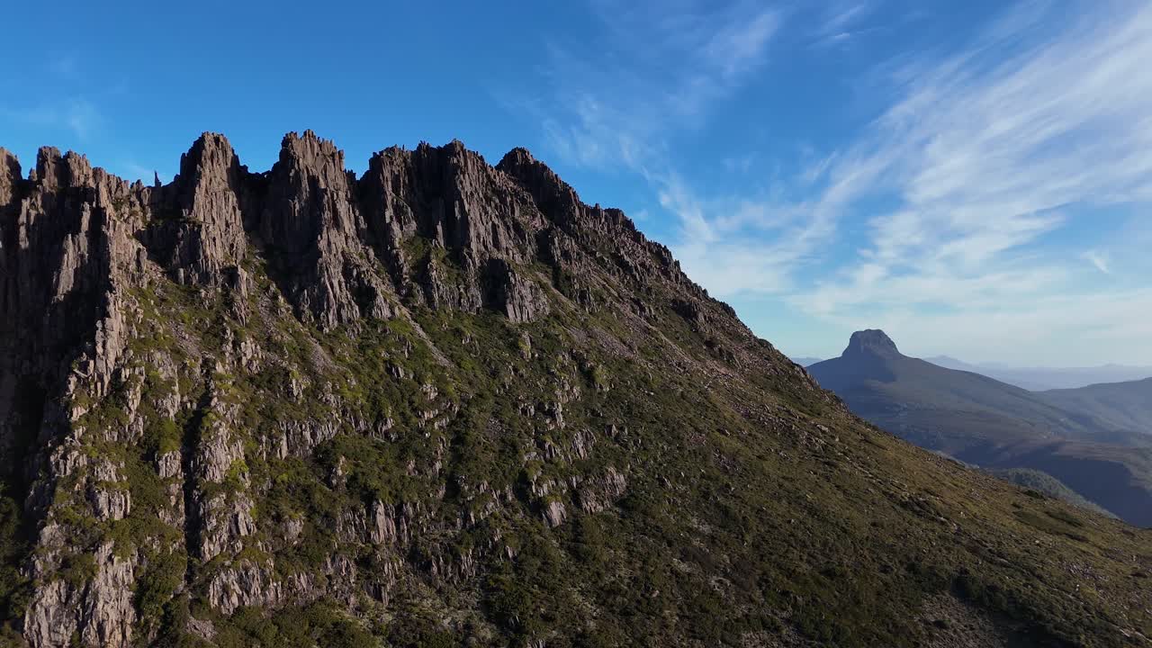 Aerial view over the rugged rocks of the Cradle Mountain range in Tasmania, Australia.