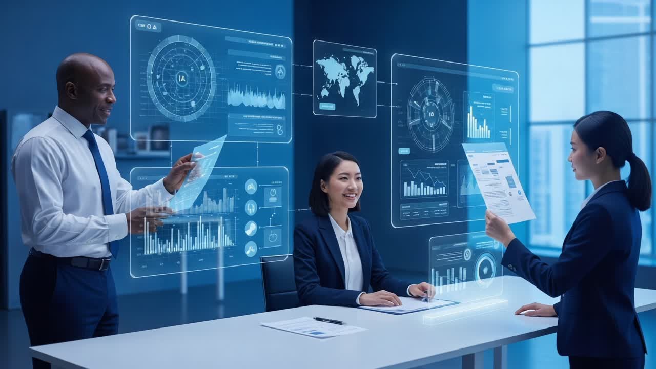 Collaboration in a High-Tech Office: Business Professionals Engaged in Data Analysis with Innovative Digital Displays and Interface Insights