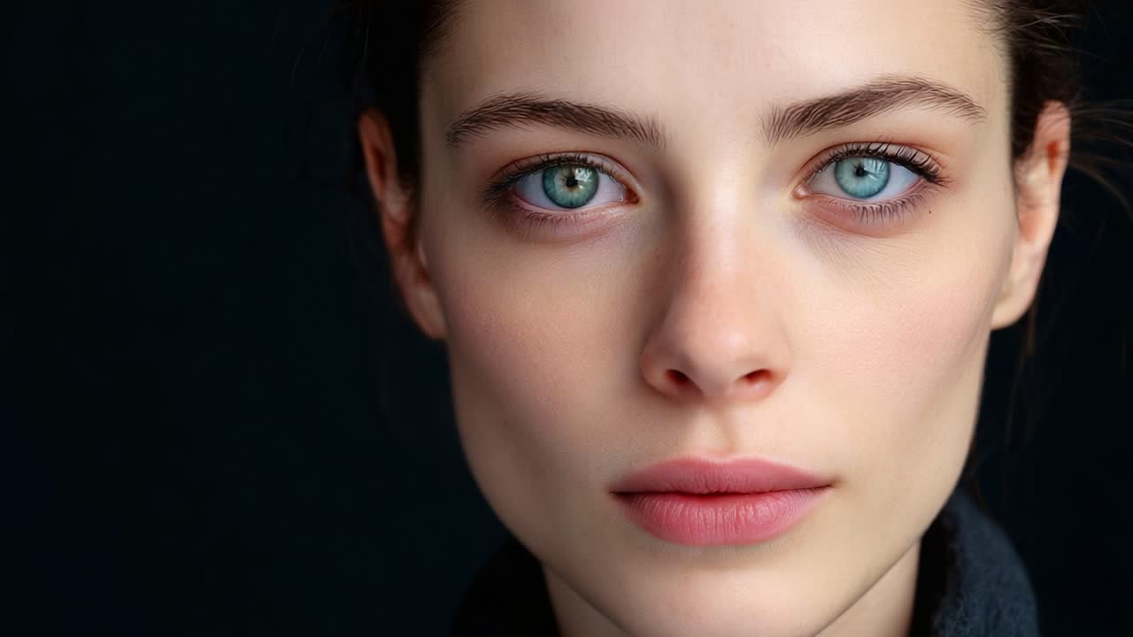 A captivating close-up portrait of a young woman with striking blue eyes and flawless complexion, showcasing her natural beauty against a dark background in a series of expressive frames